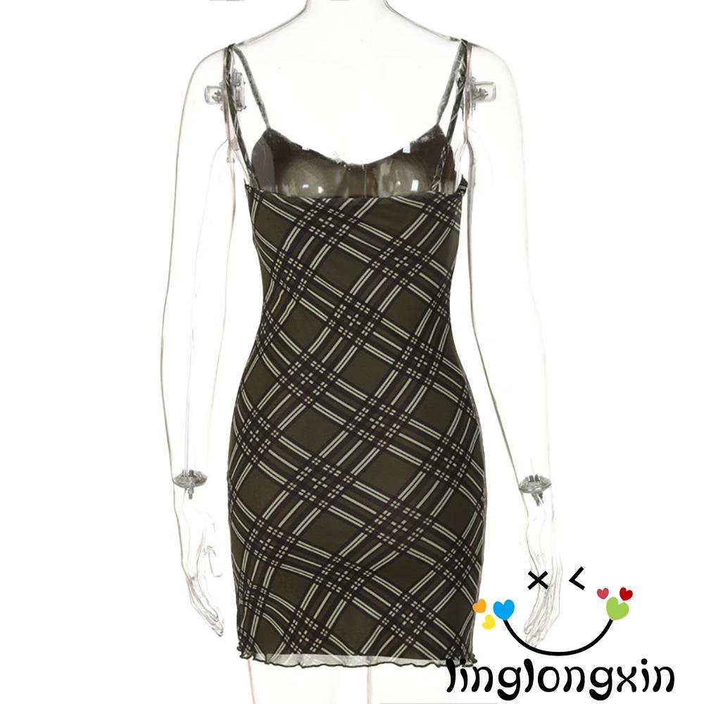 ❥KA☽Preppy Vintage V-neck Bandage Double Layer Mesh Mini Dress Y2K Retro Plaid Print A-line Dress 90s 00s