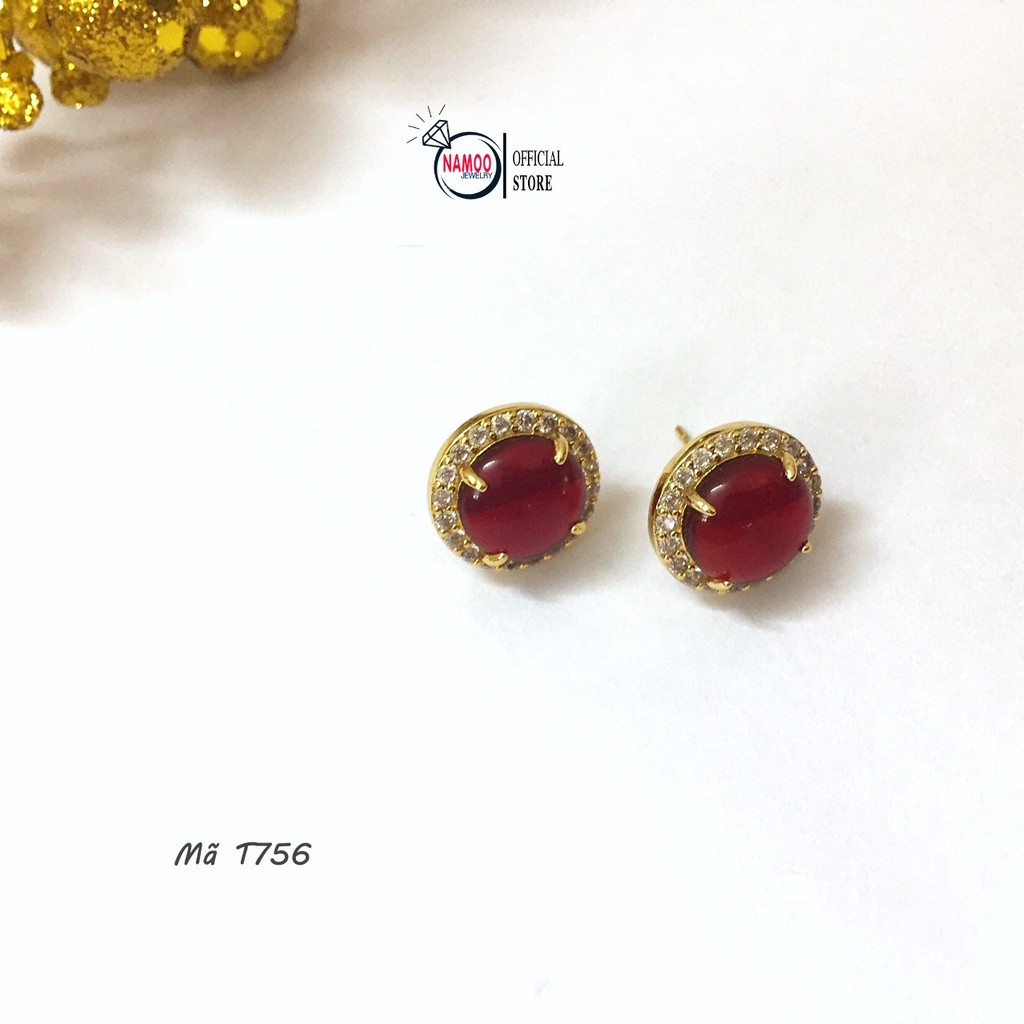Khuyên Tai Đá Đỏ T756 Nút Nụ Bền Màu Bảo Hành 6 Tháng