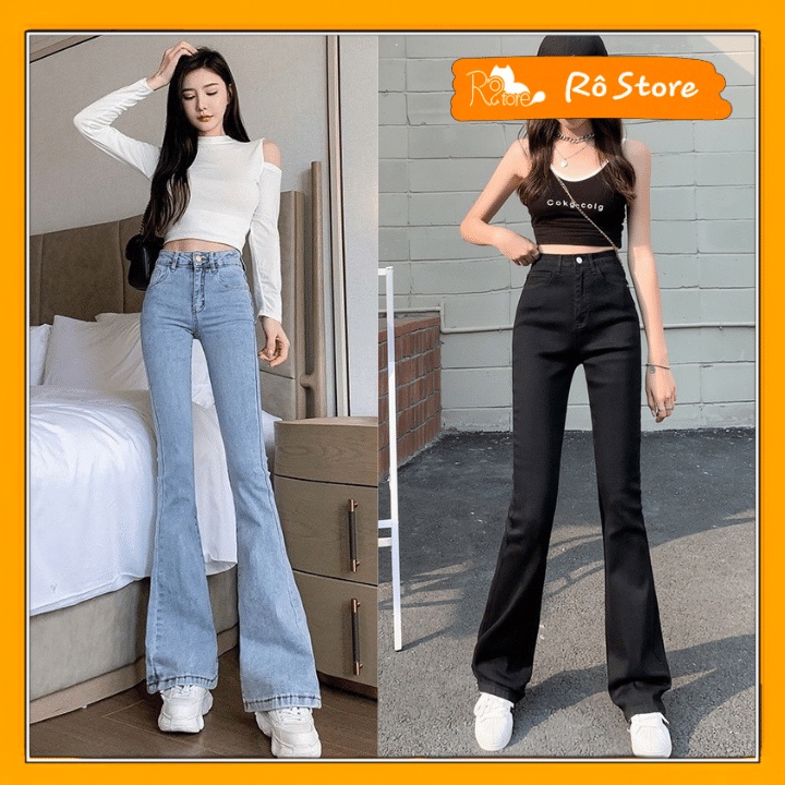 Quần bò ống loe/ Quần jean nữ lưng cao ôm dáng loe ống 2 màu xanh đen chất co giãn RÔ STORE QD44
