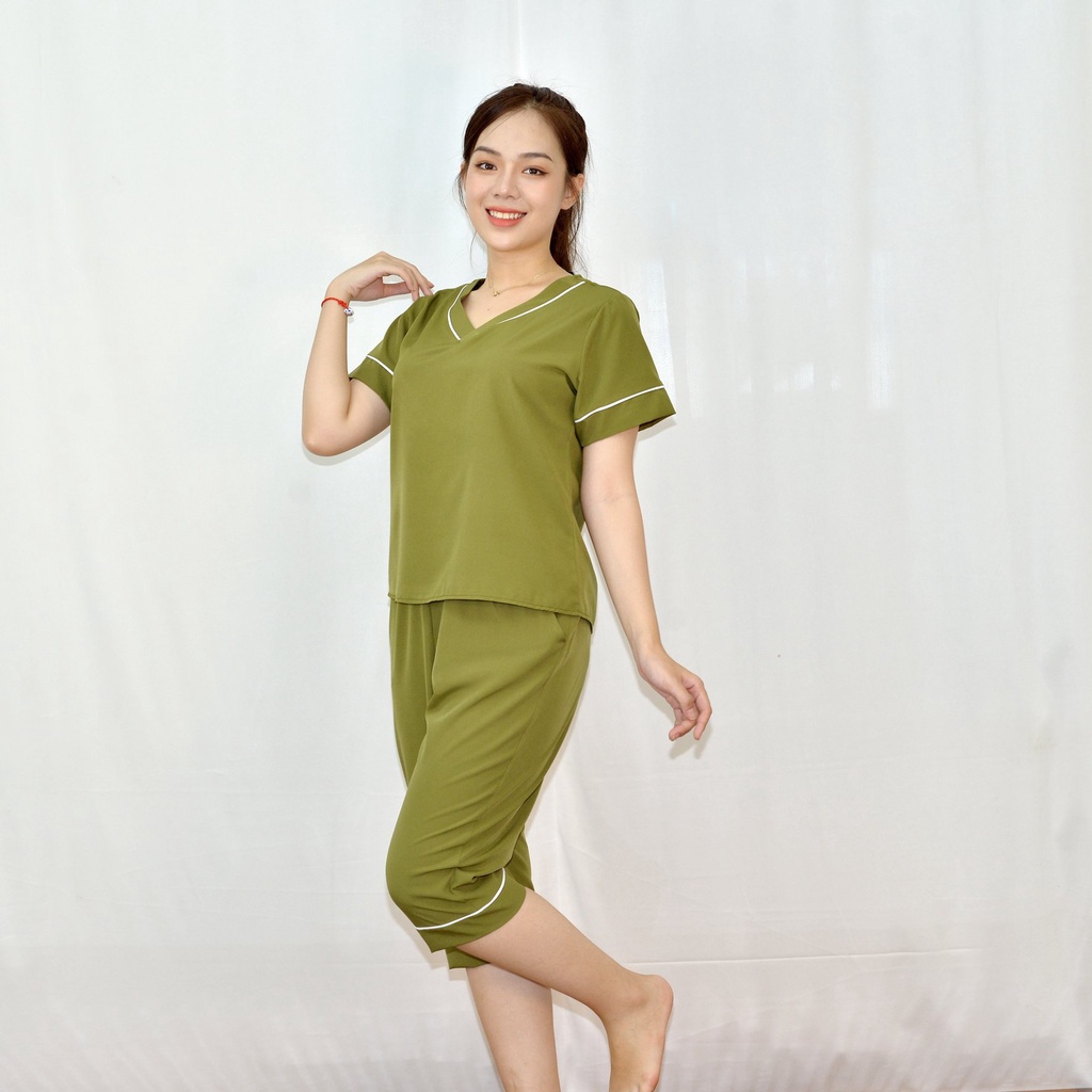 Bộ đồ bộ màu XANH RÊ CỔ TIM KẸP TRẮNG tay ngắn quần lửng vải lụa cao cấp - Thoải Mái- Nhẹ Nhàng -Co giãn nhẹ  Sản phẩm đ