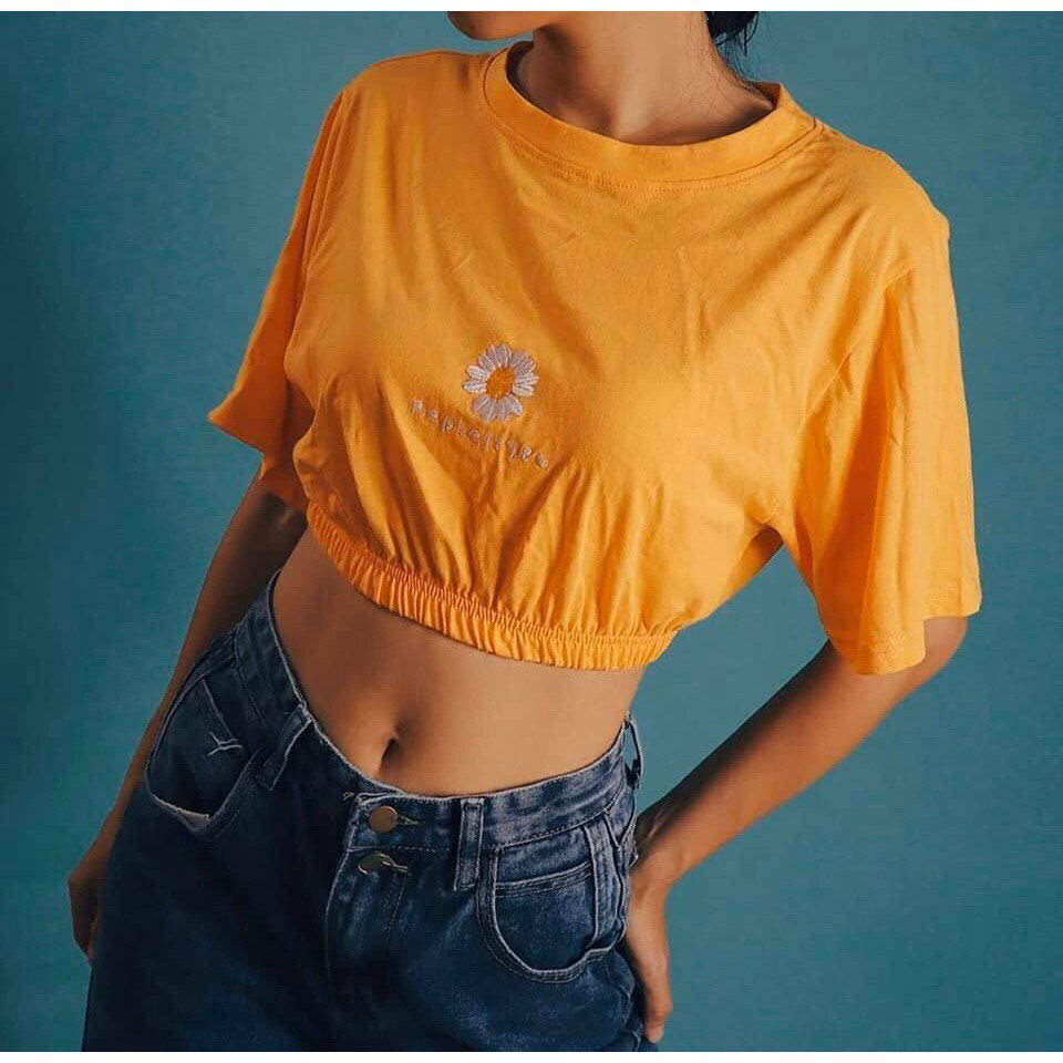 Áo Croptop áo kiểu ,áo thun co giãn tốt ,freesize mẫu kiểu Bo Thêu Hoa Cúc