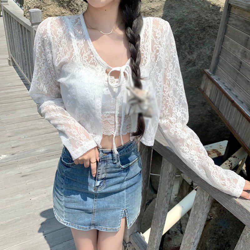 Áo Khoác Cardigan Tay Dài Phối Ren Chống Nắng