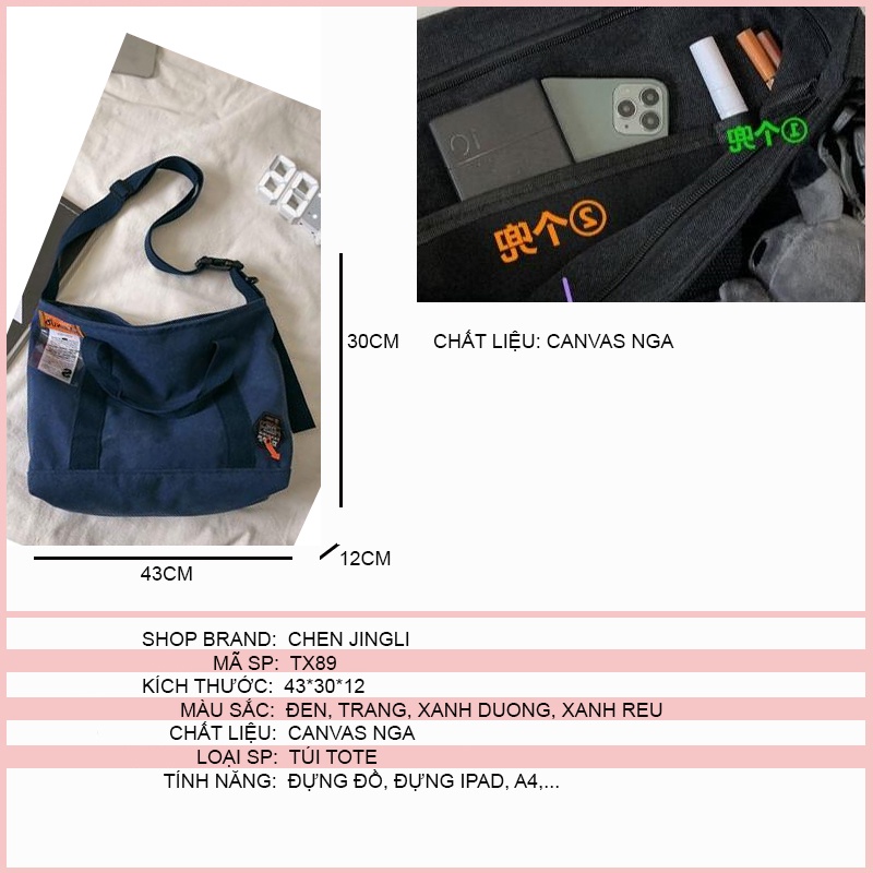 túi tote đeo chéo unisex túi a4 đeo vai dễ thương CHEN phong cách ullzang Hàn Quốc (đủ phụ kiện) TX89