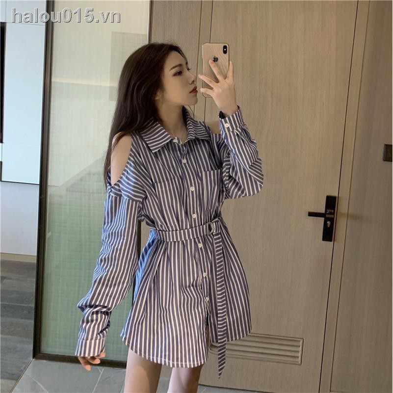 Áo sơ mi kiểu tay dài hở vai họa tiết kẻ sọc thời trang dành cho nữ