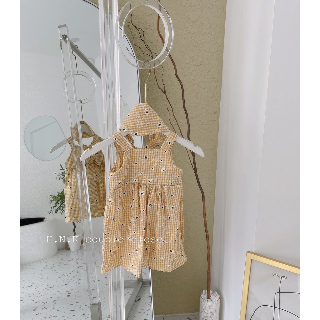 Váy 2 Dây + Turban Bé Gái 6-16kg Chất Thô Boil Mềm Kẻ Caro In Hoa Cúc Buộc Nơ Sau, Đầm Đi Chơi, Mặc Nhà Cho Bé - AN.KID