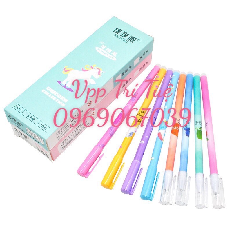 Bút gel tẩy loại tốt, nhiều mực, nhiều hình ảnh dễ thương- (12cây/hộp) màu xanh và tím - [ VPP TRÍ TUỆ ]