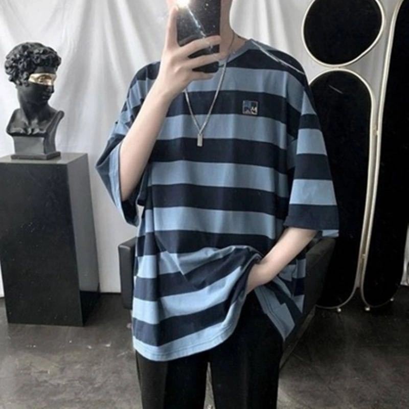 Áo Thun Ngắn Tay Form Rộng Họa Tiết Sọc Ngang Phong Cách Hàn Quốc Dành Cho Nam