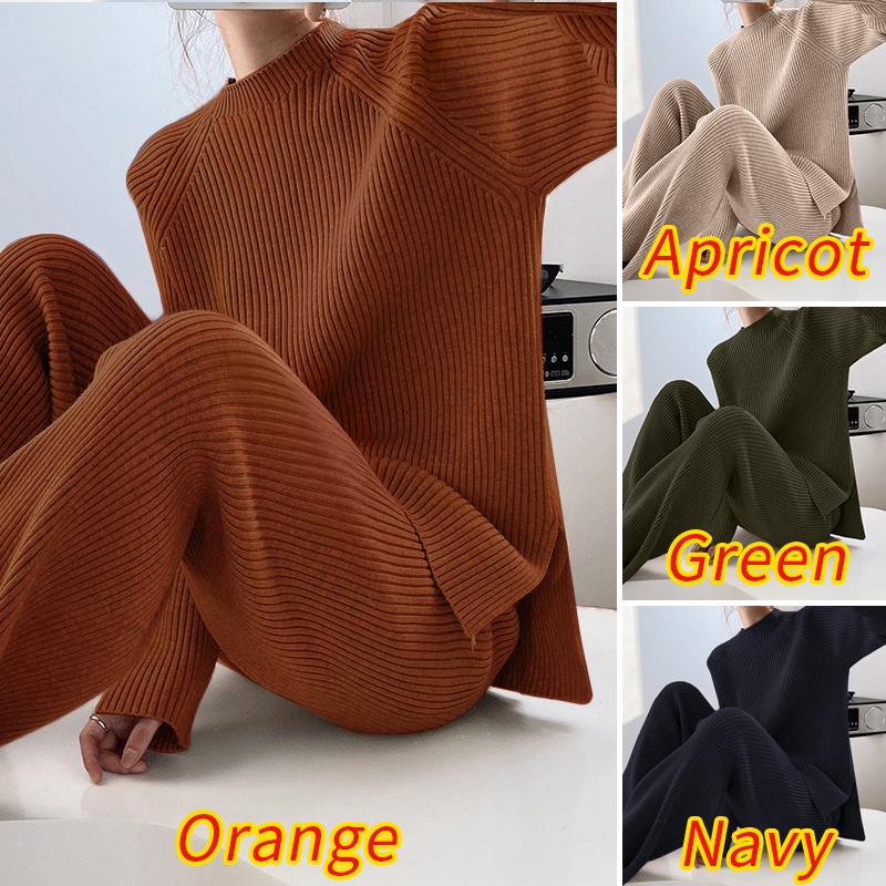 Bộ đồ nữ ZANZEA gồm áo sweater cổ tròn và quần dài lưng co giãn màu trơn đơn giản thời trang