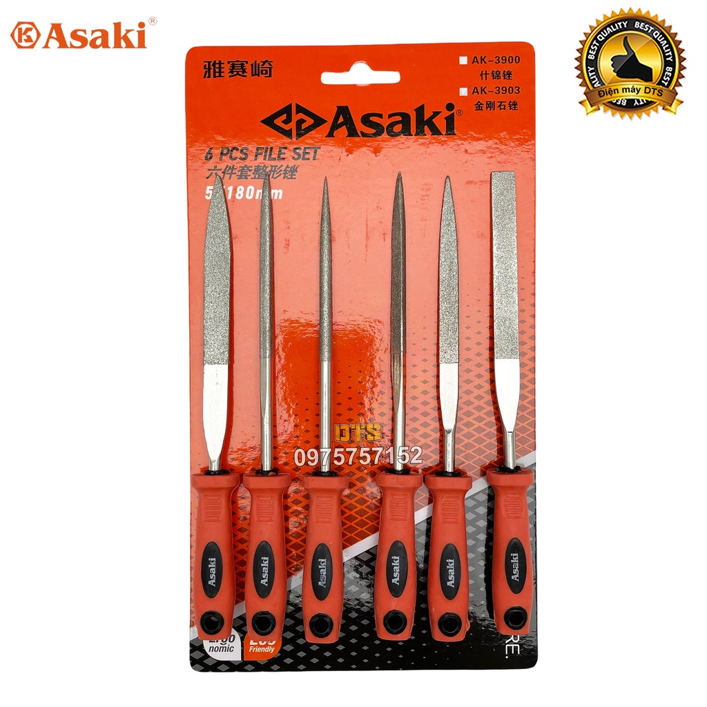 Bộ dũa kim cương mài kim loại 5x180mm Asaki AK-3903 bộ 6 giũa mài đa năng thép carbon T2 chống mài mòn, dũa mini cao cấp