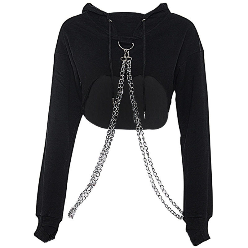 Brroa Áo Hoodie Crop Top Tay Dài Phối Dây Xích Kim Loại Kiểu Harajuku Gothic Punk Giản Dị Cho Nữ