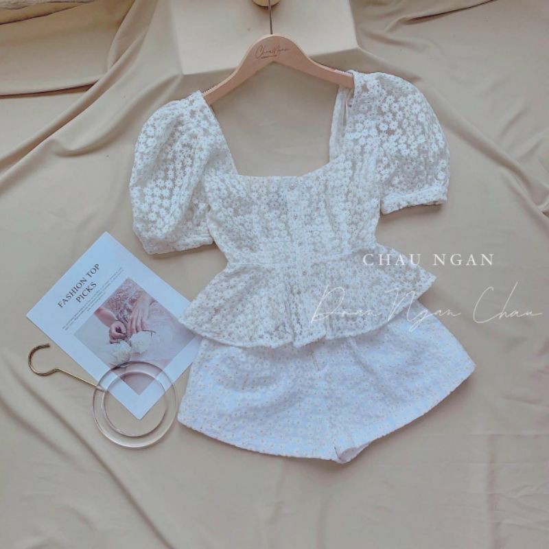 SET TAY PHỒNG PEPLUM VẢI REN THÊU HOA NHÍSỉ