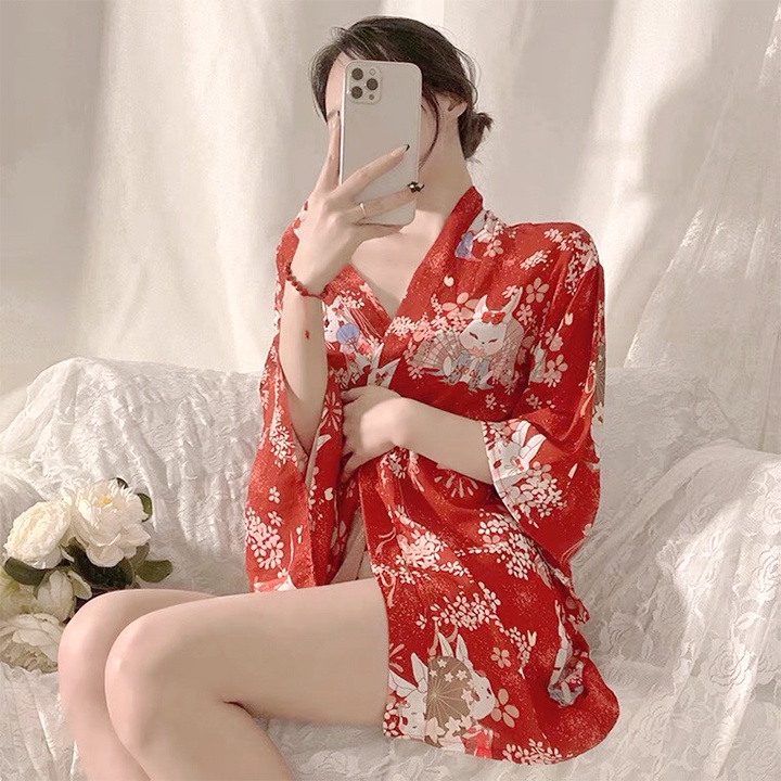 Váy ngủ kimono quyến rũ áo choàng ngủ với họa tiết và hoa cuốn hút