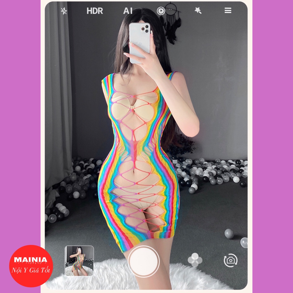 [Dưới 65 Kg] Váy Ngủ Đầm Ngủ Lưới Xuyên Thấu Nhiều Màu Bảy Sắc Cầu Vồng Quyến Rũ Sexy Gợi Cảm Mainia Shop