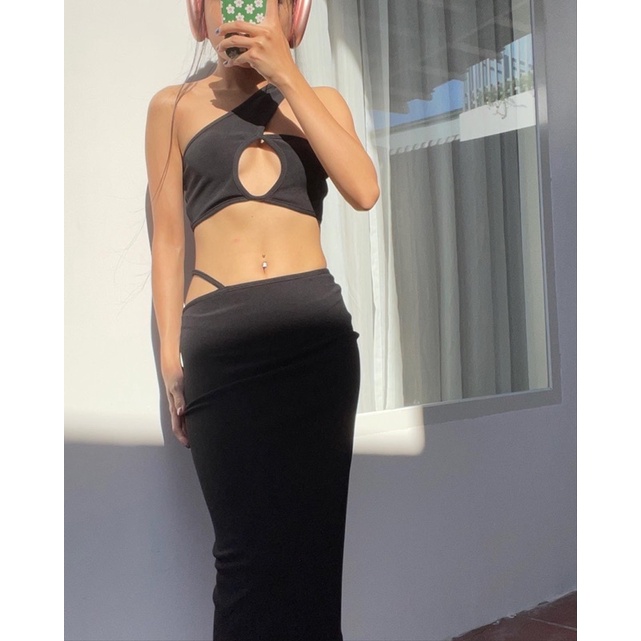 Set đồ thun áo croptop + chân váy dài