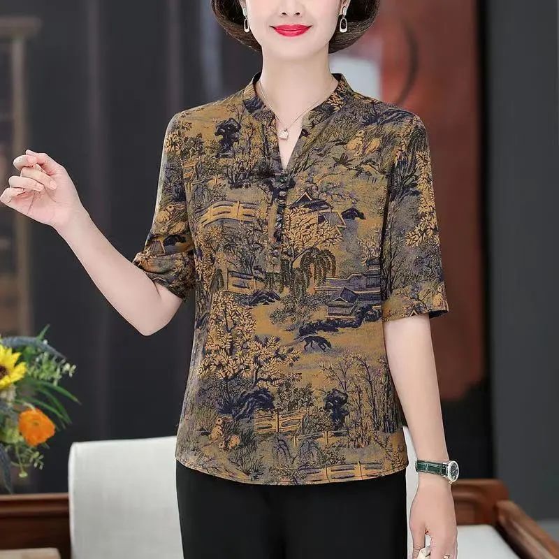 Áo thun ngắn tay dáng rộng in họa tiết thời trang cho nữ trung niên