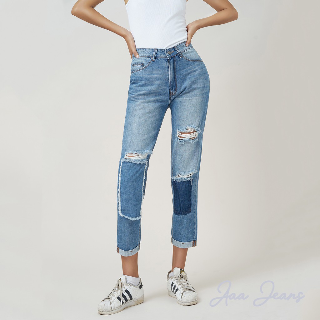 [Mã WABRLOW5 giảm 15% đơn 300K] Quần Jean Nữ Rách Bụi Aaa Jeans Lưng Cao Boyfriend Xanh Nhạt