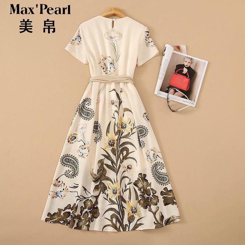 Maxpearl Đầm Chữ A Tay Ngắn Cổ Tròn Eo Cao In Họa Tiết Thời Trang Mùa Hè 2023 Dành Cho Nữ