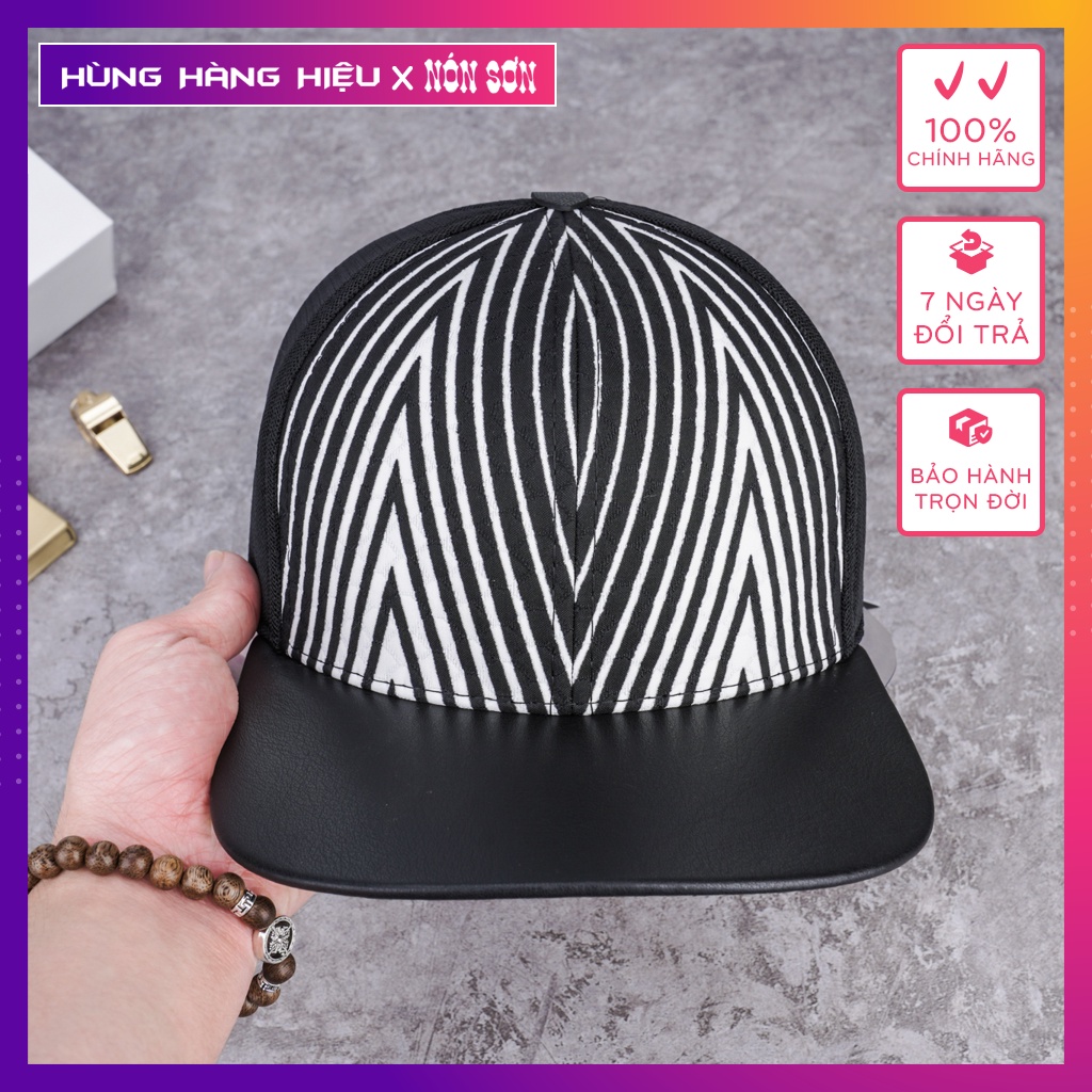 Mũ Snapback Nón Sơn Sọc Đen Trắng Chất Liệu Cotton Phối Lưới Lưỡi Bọc Da Da - Màu Đen/Trắng - Mã MC210F-HV9