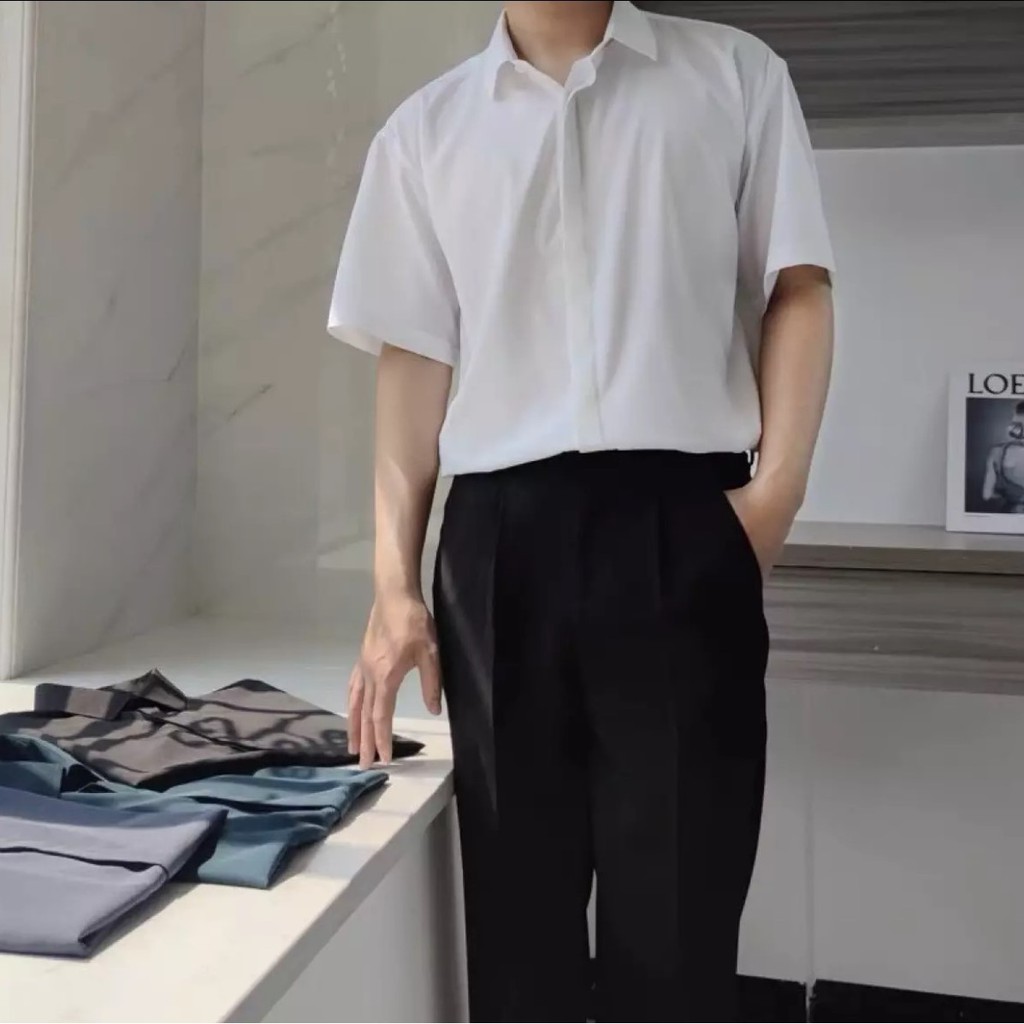 Áo sơ mi ngắn tay form rộng, thời trang hiện đại unisex chất liệu vải lụa mềm chống nhăn