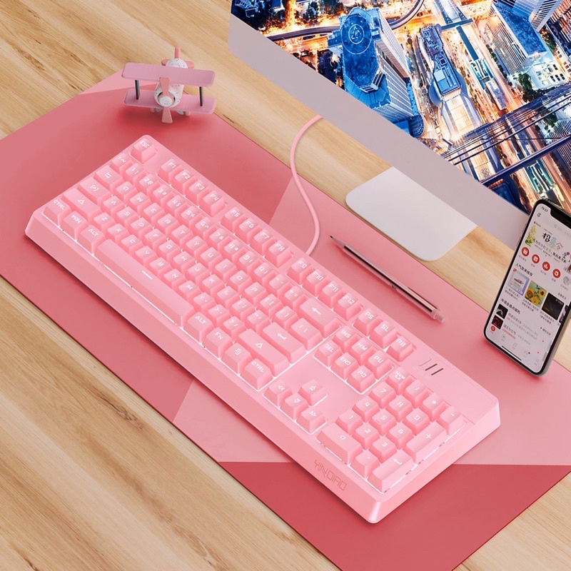COMBO Bàn Phím Cơ Chuột Máy tính Laptop Có Dây Gaming YINOIAO K300PRO G15 Màu Hồng Rễ Thương LED 22 Hiệu Ứng Cao Cấp