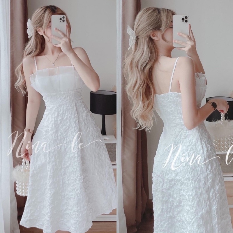 Đầm 2 dây vải xốp trắng siêu xinh