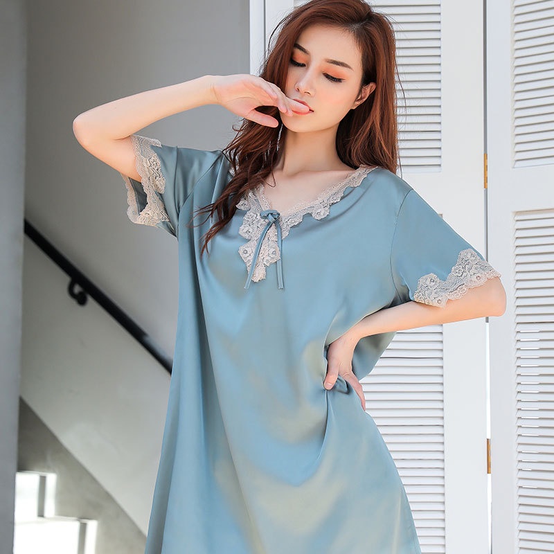 Váy ngủ nữ ngắn tay mùa hè vải lụa tuyết, phối ren sexy VF