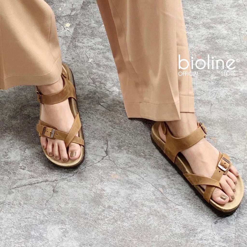 Sandals đế trấu da bò thật BIRKEN unisex nam nữ,  dép xăng đan quai hậu học sinh đi học chính hãng BIOLINE - D14