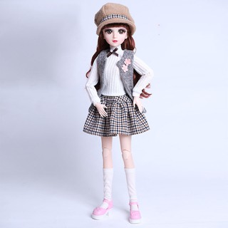 Búp bê BJD cao 60 Cm 18 Khớp Mắt Ngọc - Sét Dạ Kẻ Siêu Xinh