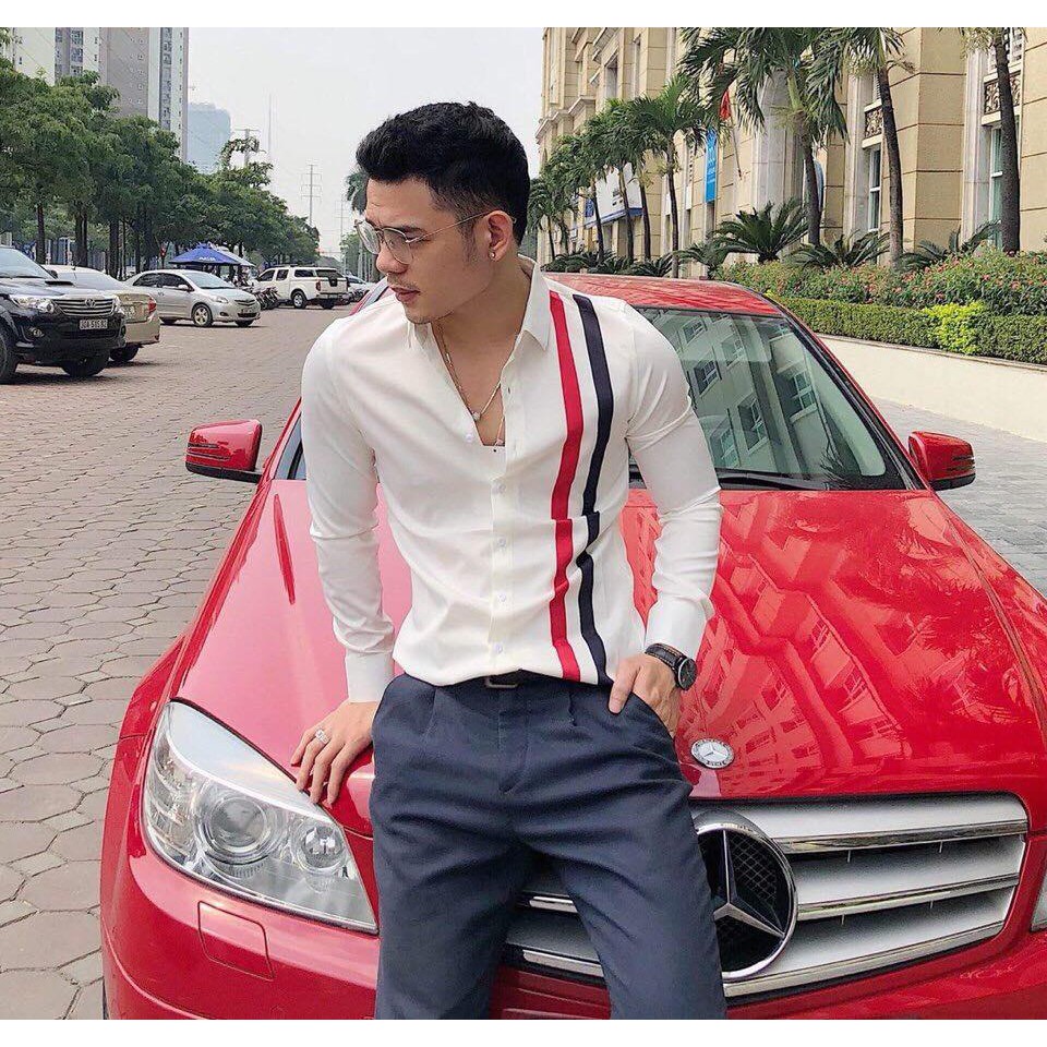 Áo sơ mi nam lụa trắng sọc đỏ cao cấp (hàng xịn) 06
