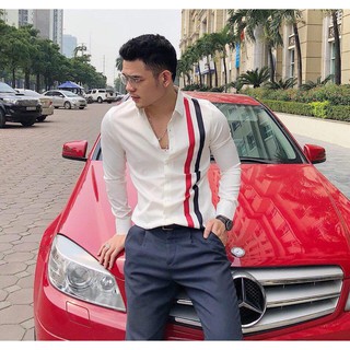 Áo sơ mi nam lụa trắng sọc đỏ cao cấp 06