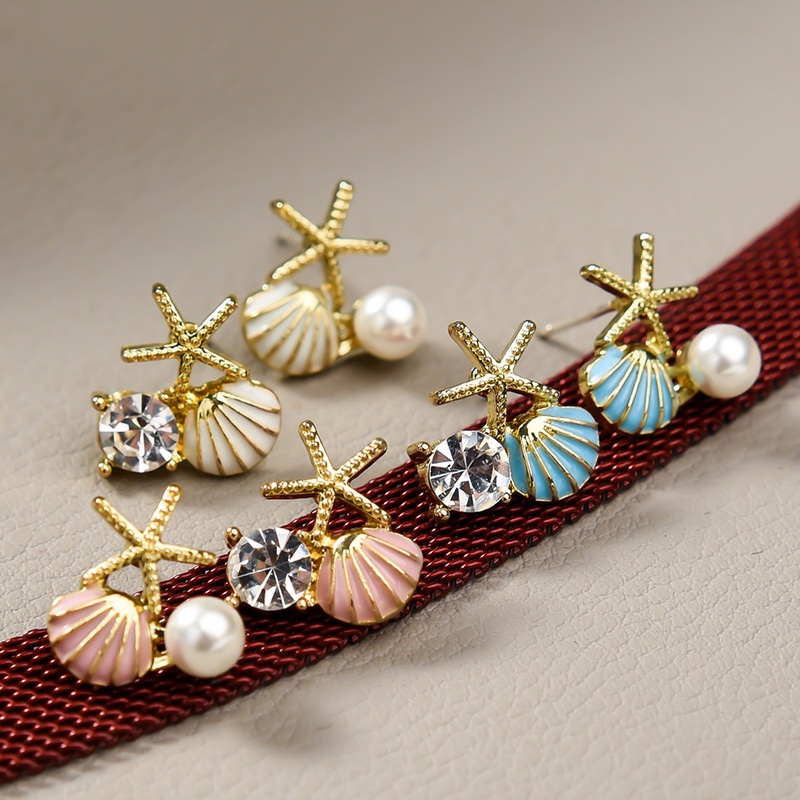 Bông Tai Hình Sao Biển / Vỏ Sò Đính Đá Zircon Ngọc Trai Phong Cách Bohemian Thanh Lịch Thời Trang Cho Nữ