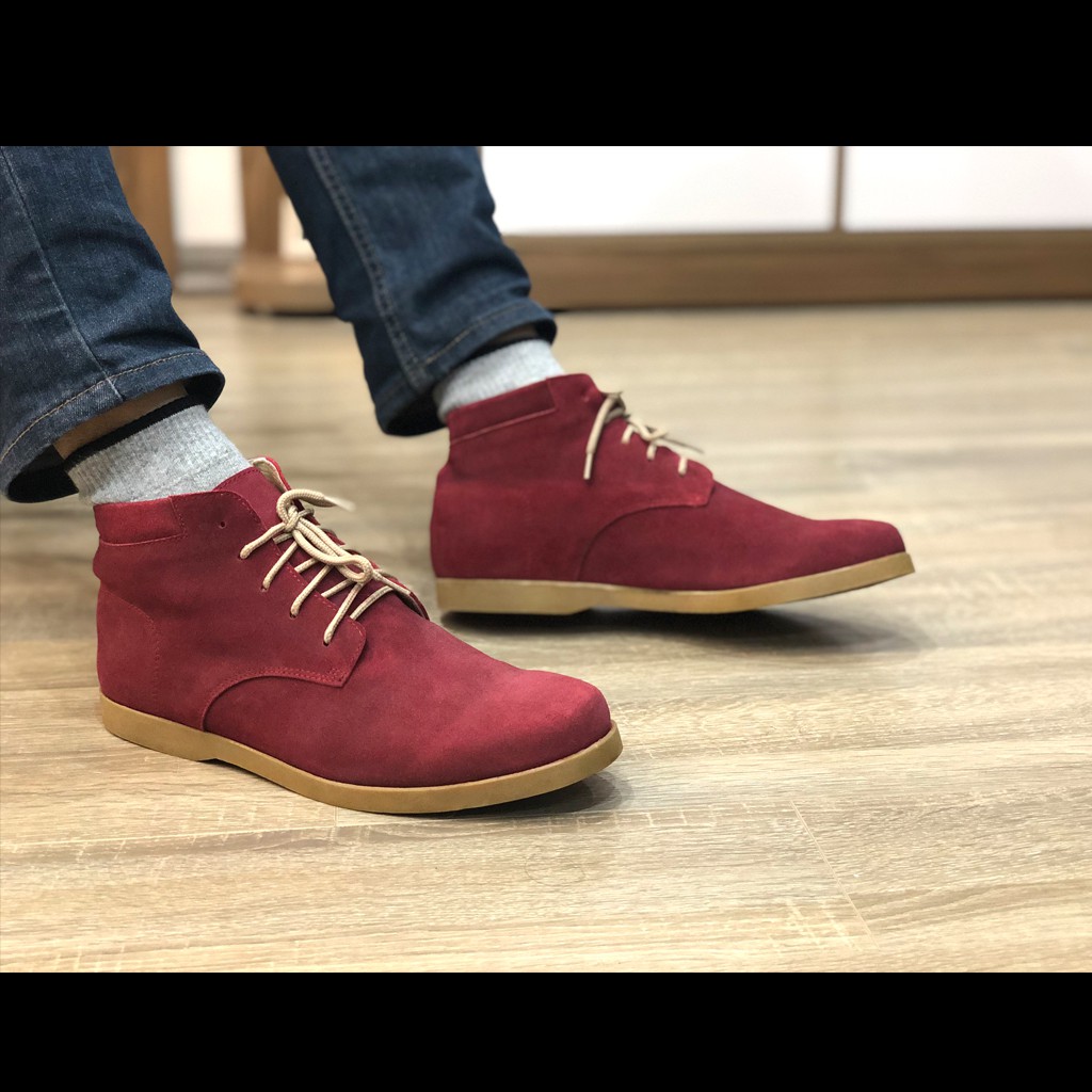 [Free Ship] Giày boots nam cao cổ buộc dây đế bằng da bò lộn màu đỏ đô đậm thời trang 1929 BlackRed Sr7