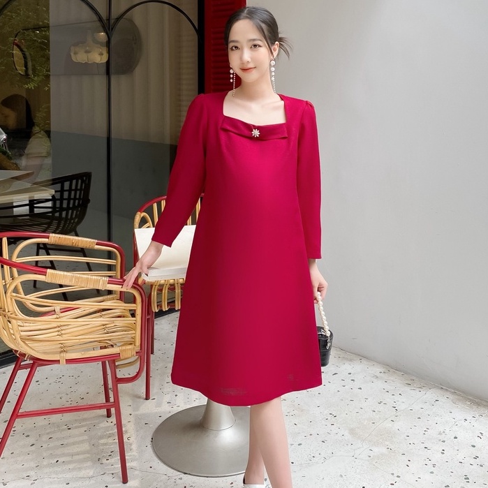 MEDYLA - Đầm bầu dự tiệc thu đông thiết kế 2 lớp text đỏ lót lụa tặng kèm hoa đá cho bầu đi chơi, đi tiệc - VS1096