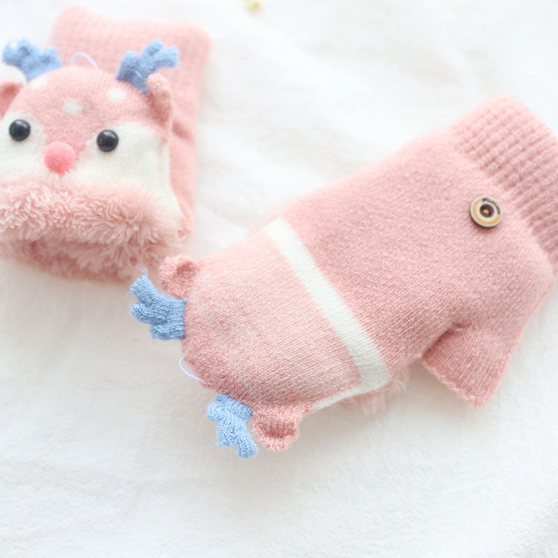 Găng tay nhung hở nửa ngón họa tiết tuần lộc đáng yêu hợp mùa đông cho bé 3-7 tuổi