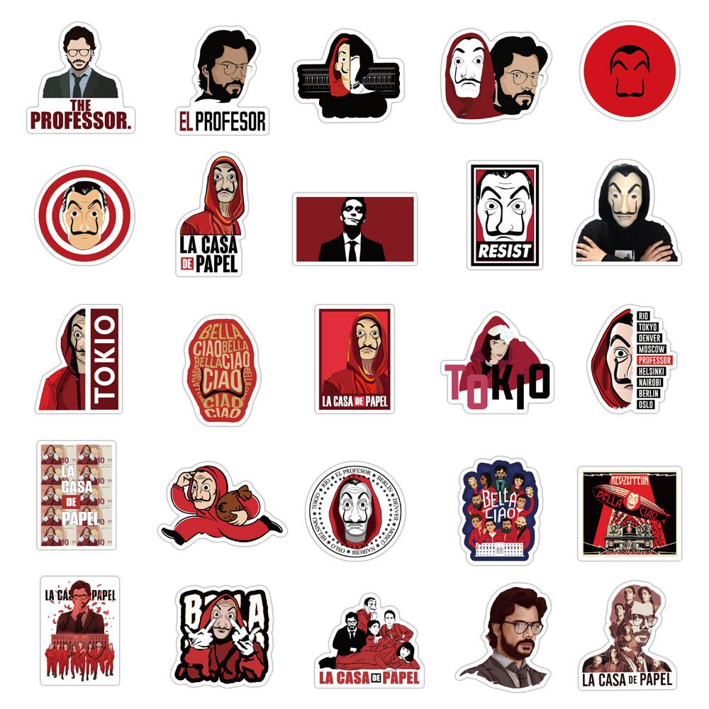 Set 50 / 25 / 10 Miếng Dán Trang Trí Chống Thấm Nước Hình Money Heist La Casa De Papel Diy