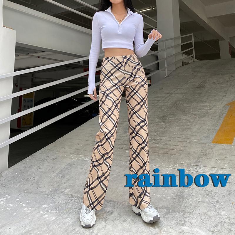 RAINBOW-Women’s Rhombic Plaid Long Pants, Sport Bodycon Leggings Workout Slim Pile Up Pants