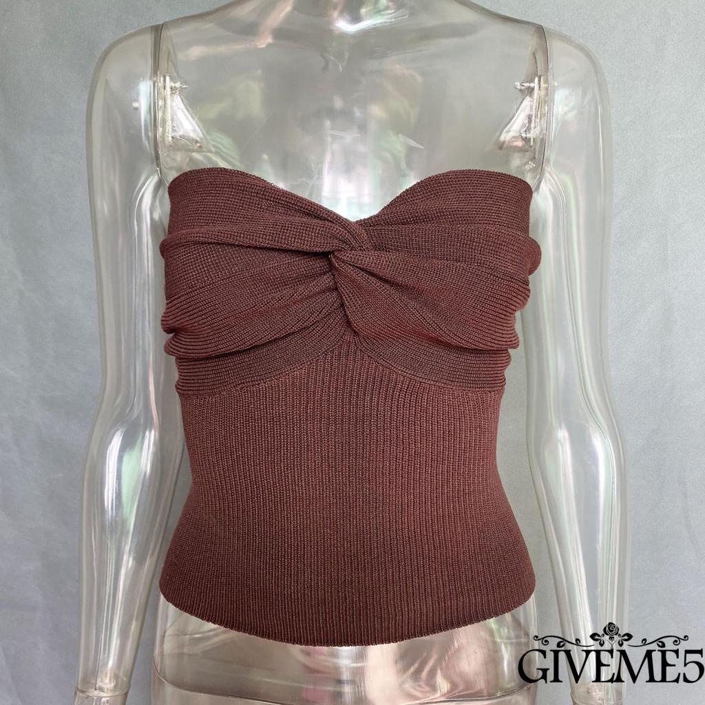 GIVEME-Women Knitted Tube Tops Solid Color Strapless Sleeveless Backless Front Cross Knot Clothes