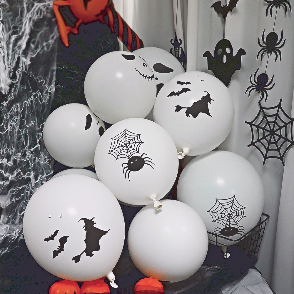 Set 10 Bong Bóng Cao Su Dày Họa Tiết Bộ Xương / Nhện / Phù Thủy Màu Trắng Đen Trang Trí halloween