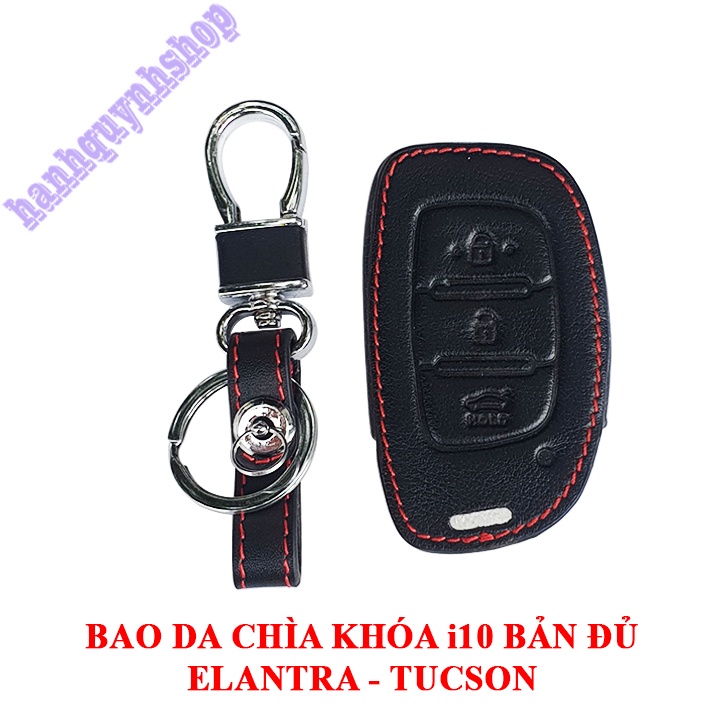Bao da chìa khóa Hyundai i10 bản đủ, Elantra, Tucson màu đen chỉ đỏ tặng kèm móc