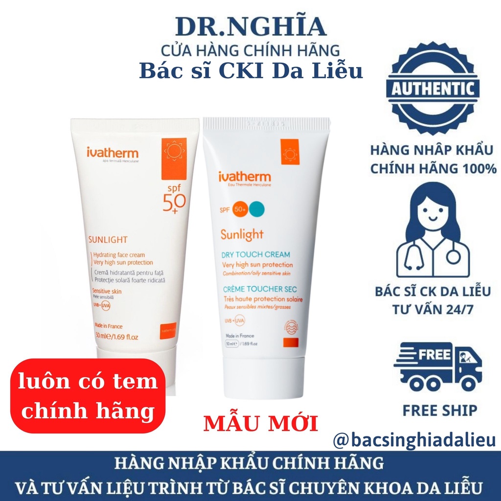 NHẬP KHẨU | Kem Chống Nắng Ivatherm Sunlight Mat Dry Touch/ Hydrating 360 cream very hight sun protection SPF50