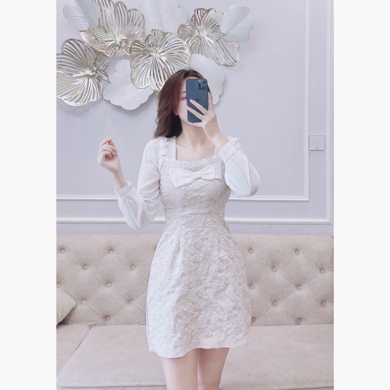 Váy gấm xốp phối nơ ngực phối tay voan siêu xinh