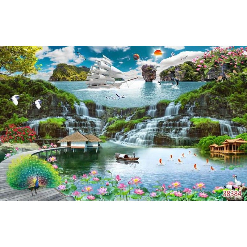 Tranh dán tường 3D phong cảnh nhận in theo yêu cầu