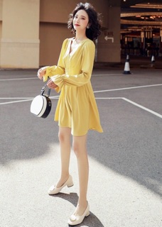 Đầm cổ tim xếp li eo tay dài 2 màu freesize dưới 50kg (kèm hình thật)