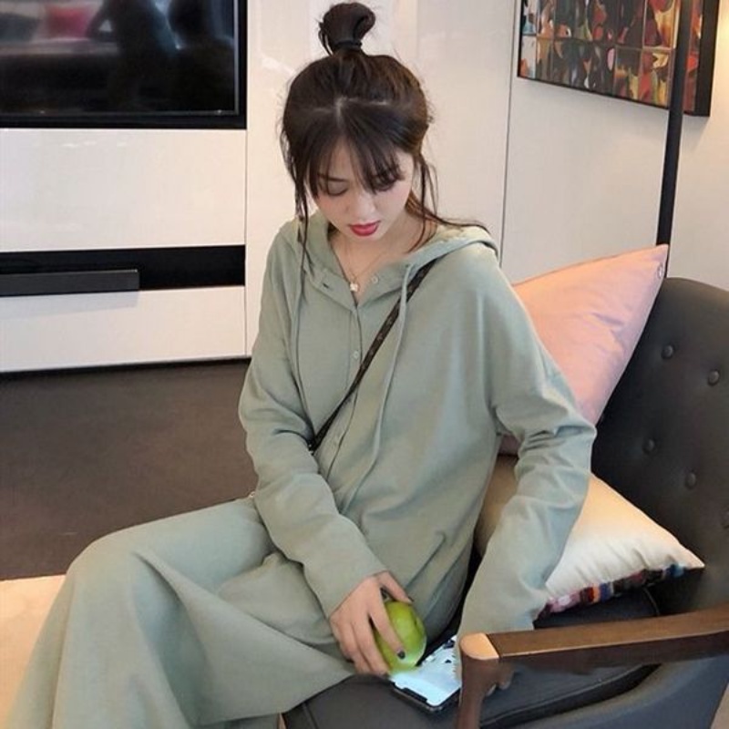 Đầm cotton dáng rộng phong cách thể thao mùa thu thời trang Hàn Quốc cho nữ