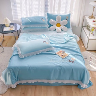 Bộ ga gối chăn trần phi lụa viền bèo 4 món