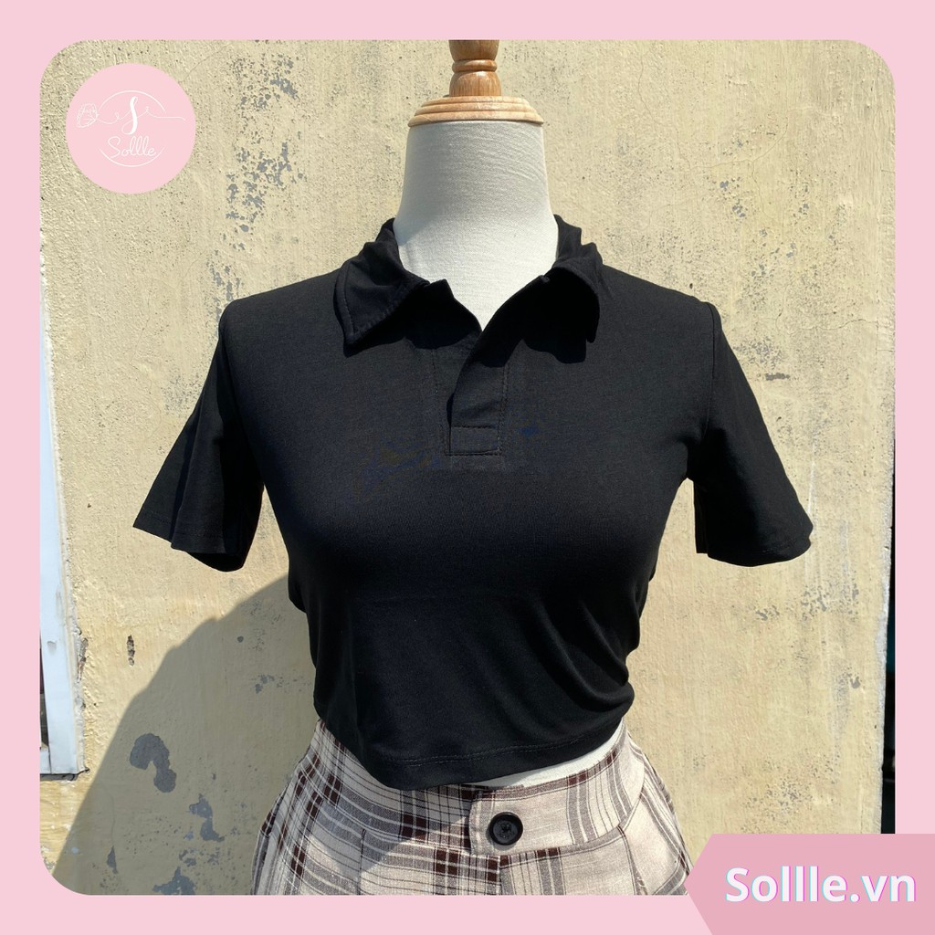 Áo croptop nữ polo Sollle, áo kiểu ngắn tay có cổ trẻ trung form ôm