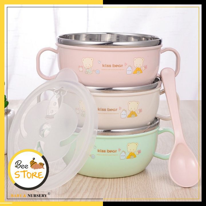 [MỞ KHO SỈ BÁN LẺ] Bát inox kèm thìa cách nhiệt có tay cầm chống nóng, Bát ăn cho bé