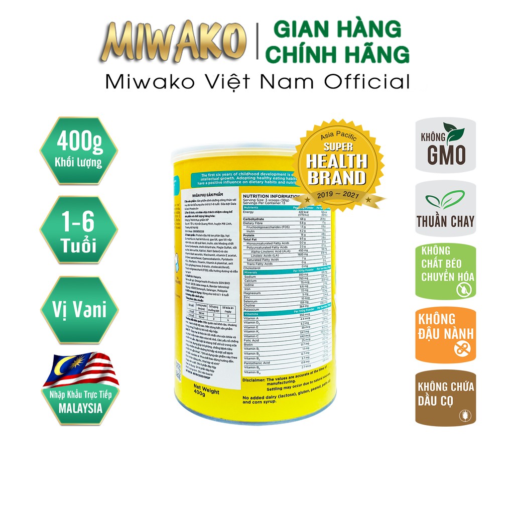 Sữa công thức thực vật hữu cơ Miwako A+ Vị vani - 400g - Malaysia