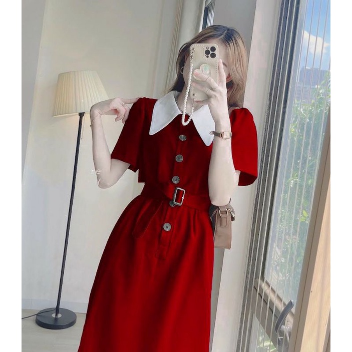 Đầm Nữ/ Váy MiDi Đỏ Cổ Nhọn Trắng Tay Ngắn Phối Nút Dáng Dài Kèm Thắt Eo