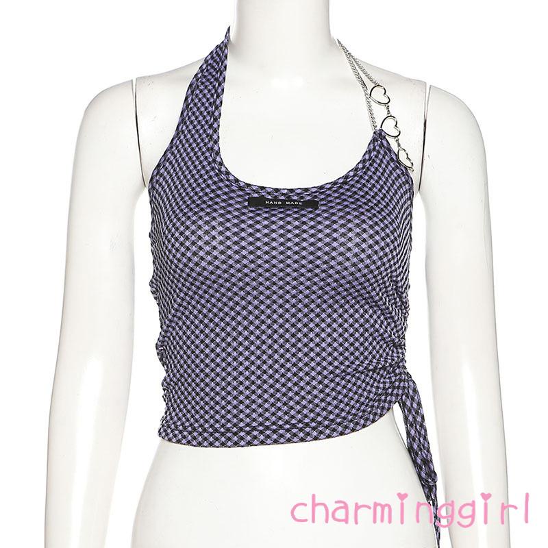 Áo Croptop Hai Dây Rút In Họa Tiết Sọc Caro Thời Trang Cho Nữ